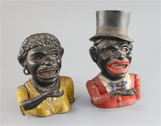 A pair of 19th century American cast iron novelty money banks, 8.25in. and 6.25in.
